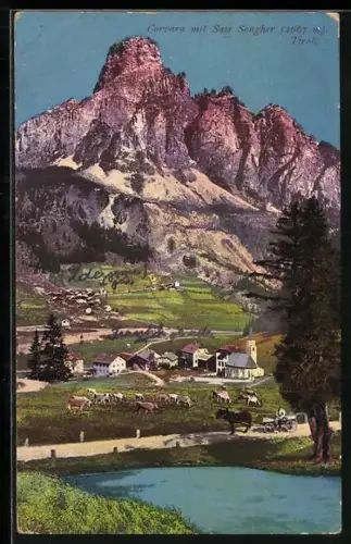 AK Corvara, Ortspanorama mit Sass Songher, Pferdefuhrwerk