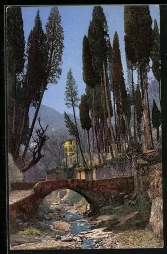 AK Photochromie NR. 2610: Riviera di Levante, Camogli, Ortspartie im Flussbett mit Steinbrücke