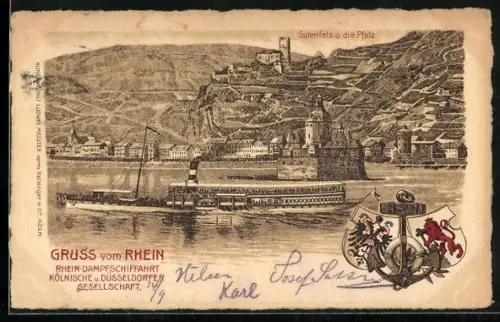 Lithographie Dampfer Elsa auf dem Rhein