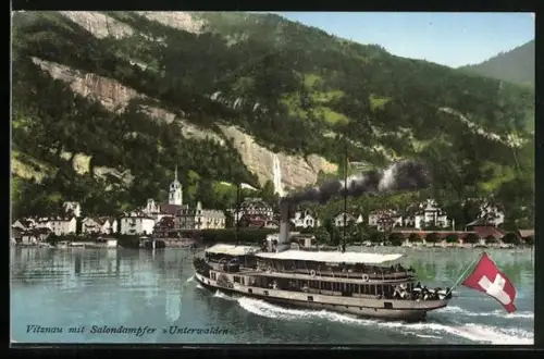 AK Vitznau, Salondampfer Unterwalden vor dem Ort