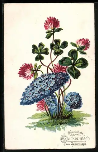 AK Mit Vergissmeinnicht umkleidete Pilze und blühender Klee, Geburtstagsgruss, Blumenbild