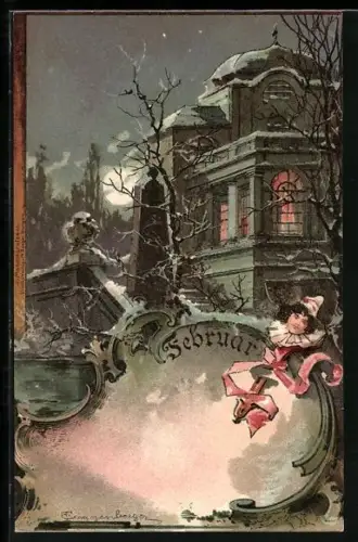 Künstler-AK T.Guggenberger: Allegorie Februar, Harlekin, Festliches Haus