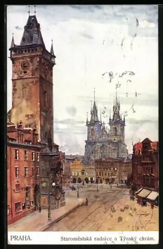 Künstler-AK J. Safarik: Prag, Altstädter Rathaus und Teinkirche
