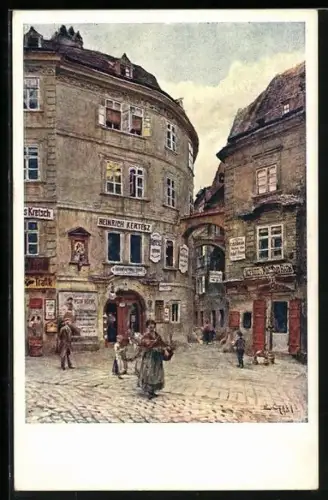 Künstler-AK Emil Czech: Wien, Griechengasse mit Weinhandlung von Heinrich Kertesz