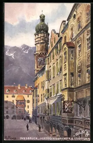 Künstler-AK Innsbruck, Herzogfriedrichstrasse mit Stadtturm