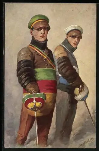 Künstler-AK Georg Mühlberg: die Sekundanten, zwei Studenten mit Säbeln