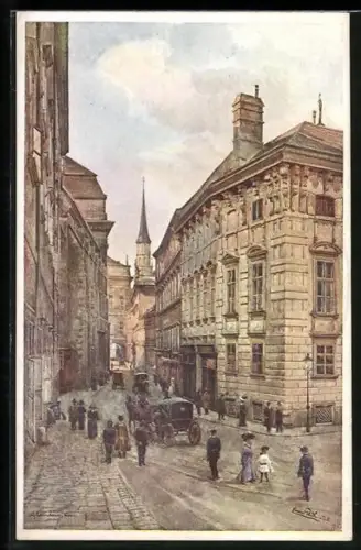 Künstler-AK Erwin Pendl: Wien, Augustinerstrasse, Passanten und Pferdekutsche