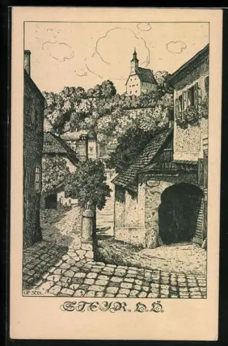 Künstler-AK Ulf Seidl: Steyr, Partie aus dem Ort
