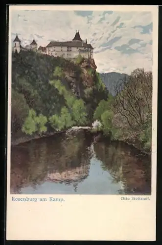 Künstler-AK Otto Stoitzner: Rosenburg am Kamp, Panoramablick mit Flusspartie