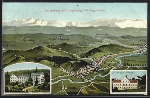 Künstler-AK Eugen Felle: Wartenberg / Obb., St. Josephs-Anstalt, Kurhaus, Gesamtansicht mit Umgebung