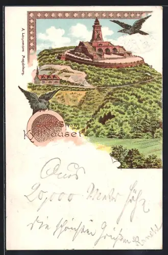 Lithographie Kyffhäuser, Denkmal mit Adler