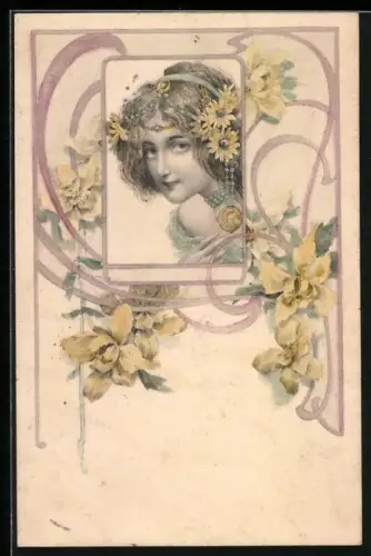 AK Fräulein mit Margeriten im Haar