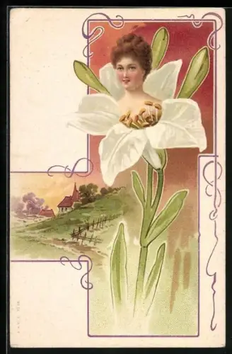 AK Dame entspringt einer Blume, Metamorphose, Karte mit Blumenduft