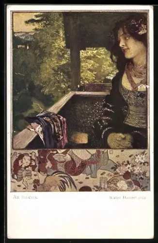 Künstler-AK sign. Walter Hampel: Am Balkon, Junge Dame geniesst die Aussicht