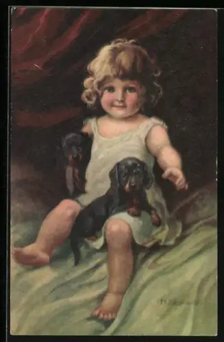 Künstler-AK kleines Mädchen mit ihren Dackelwelpen