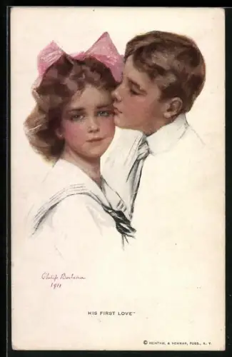 Künstler-AK Philip Boileau: His first love, Junge küsst Mädchen