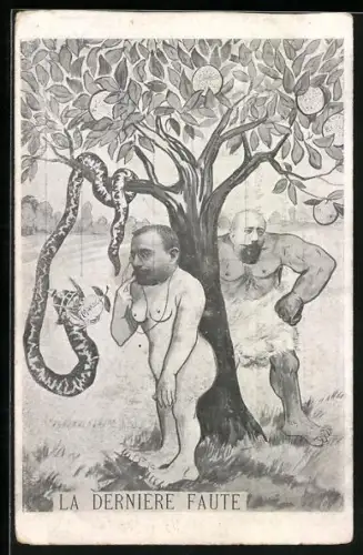 AK Karikatur La Derniere Faute, franz. Politiker als Adam u. Eva, Kaiser Wilhelm II. als Schlange, Marokkokrise