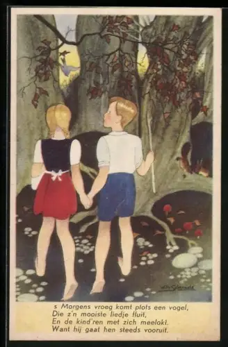 Künstler-AK Willy Schermele: Hans en Grietje ontdekken het koekhuisje, Hänsel und Gretel im Wald
