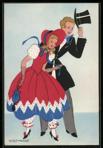 Künstler-AK Willy Schermele: Eleganter Herr mit Zylinderhut und Frau