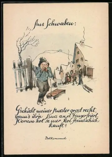 AK Junge mit Schlitten und Volksmund aus Schwaben