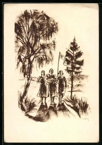Künstler-AK Missionskreuzzug, drei junge Leute ziehen musizierend einen unbefestigten Weg entlang