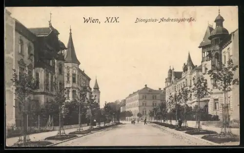 AK Wien, Dionysius-Andrassystrasse mit Turmgebäuden und Alleebäumen