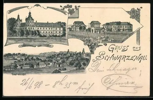 Lithographie Schwarzenau, Bahnhof mit Restauration, Schloss, Totalansicht