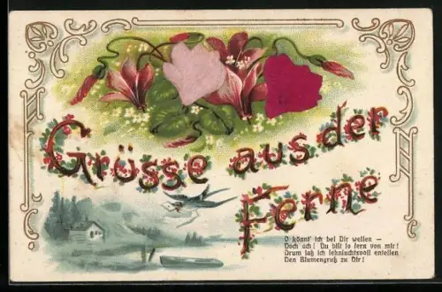 Stoff-Präge-AK Grüsse aus der Ferne, Alpenveilchen aus echtem Stoff