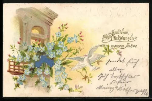 Stoff-Präge-AK Zwei Schwalben mit Vergissmeinnicht, Neujahr