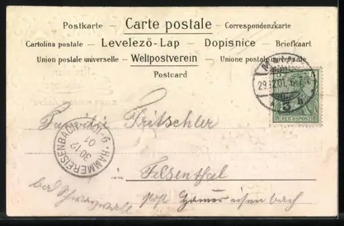 Stoff-Präge-AK Zwei Schwalben mit Vergissmeinnicht, Neujahr