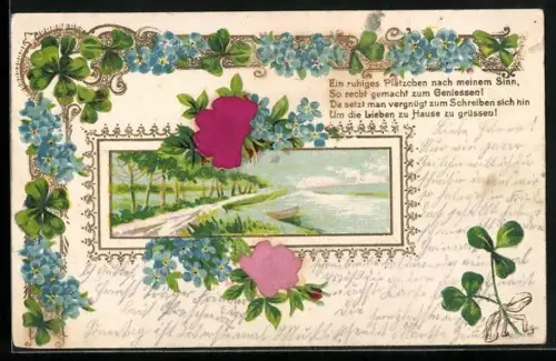 Stoff-Präge-AK Idyll am Flussufer mit Klee und Blumen, Ein ruhiges Plätzchen nach meinem Sinn