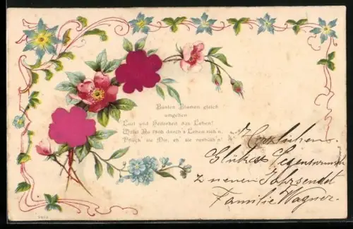 Stoff-Präge-AK Rosane und blauen Blumen mit Gedicht