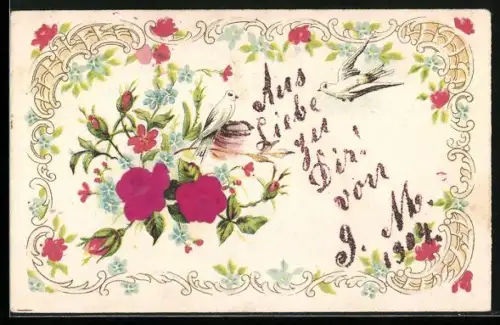 Stoff-Präge-AK Zwei Vögel bei ihrem Nest mit roten Rosen, Aus Liebe zu dir