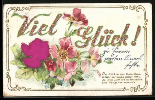 Stoff-Präge-AK Viel Glück, Blumenstrauss