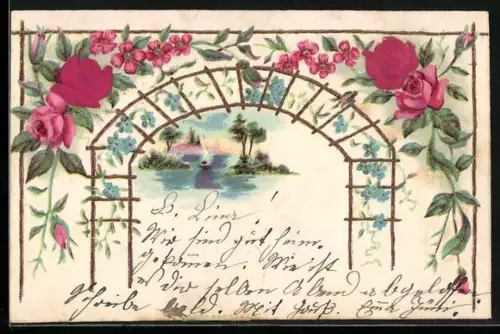 AK rote Rosen & Ausblick auf einen See