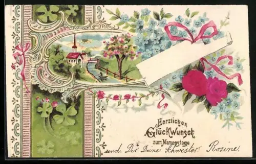 Stoff-Präge-AK Ortsansicht mit Kirche, Band mit Rosen und Vergissmeinnicht