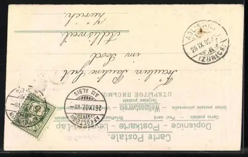 Stoff-Präge-AK Ortsansicht mit Kirche, Band mit Rosen und Vergissmeinnicht