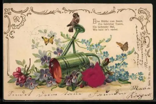 AK Vogel singt auf Kieskanne mit Schmetterlingen und Blumen