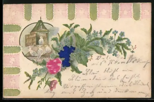 Stoff-Präge-AK Vögel bei einem Vogelhaus mit Blumen