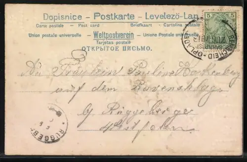 Stoff-Präge-AK Vögel bei einem Vogelhaus mit Blumen