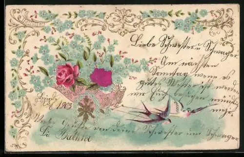 Stoff-Präge-AK Zwei Schwalben ziehen eine Kutsche mit Vergissmeinnicht und Rosen