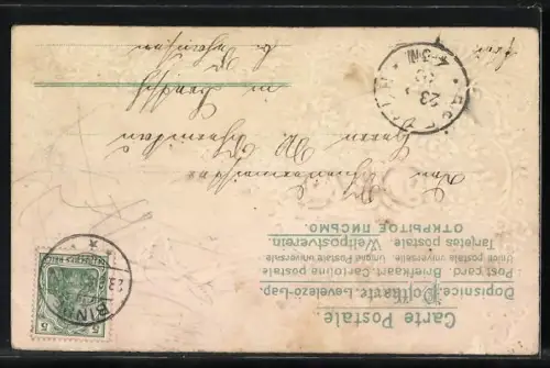 Stoff-Präge-AK Zwei Schwalben ziehen eine Kutsche mit Vergissmeinnicht und Rosen