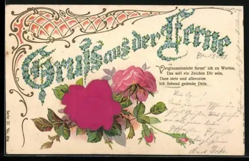 Künstler-Stoff-Präge-AK Rote Stoffrose & Gruss aus der Ferne aus Vergissmeinnicht