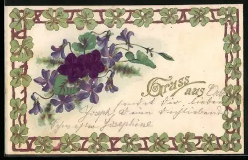 Stoff-Präge-AK Lilane Blumen mit Kleerahmen, Gruss aus