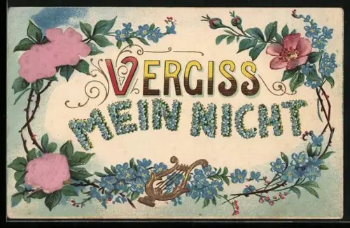 Stoff-Präge-AK Vergissmeinnicht, rosane Blumen und eine Harfe, Vergiss mein nicht