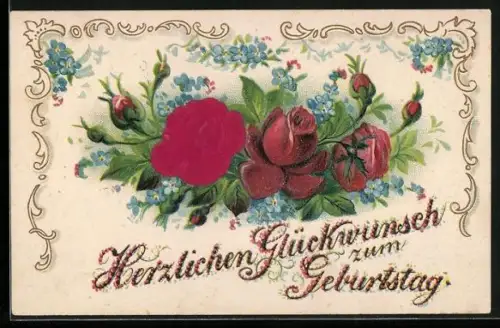 Stoff-Präge-AK Rote Rosen mit Vergissmeinnicht, Herzlichen Glückwunsch zum Geburtstag