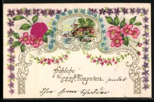 Stoff-Präge-AK Mühle am Fluss mit Vergissmeinnicht und Veilchen, Fröhlicht Pfingsten