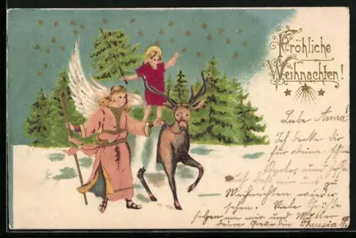 Stoff-Präge-AK Engel mit Tannenbaum und Hirsch in einer Schneelandschaft, Fröhliche Weihnachten