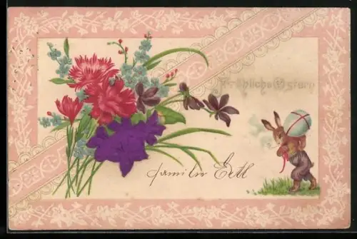 Stoff-Präge-AK Bunter Blumenstrauss und Osterhase mit Osterei, Fröhliche Ostern