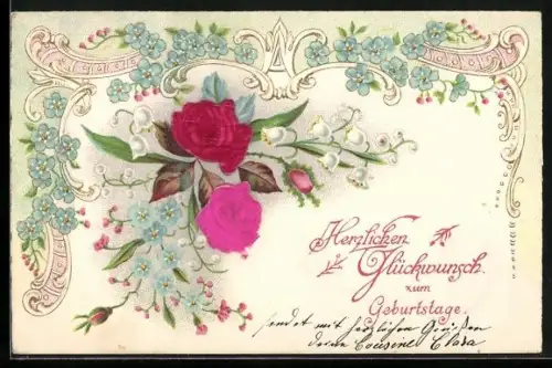 Stoff-Präge-AK Rosen, Maiglöckchen und Vergissmeinnicht, Herzlichen Glückwunsch zum Geburtstage